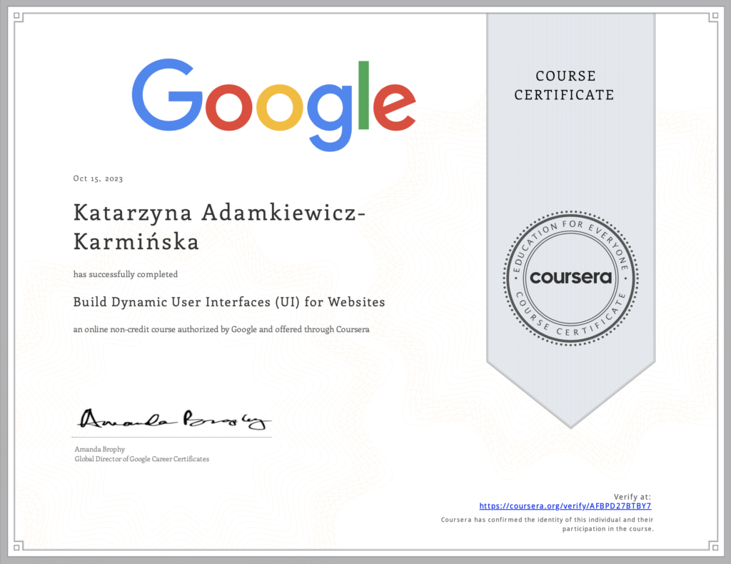 Certyfikat ukoÅ„czenia szÃ³stego kursu w ramach Google UX Design Professional Certificate